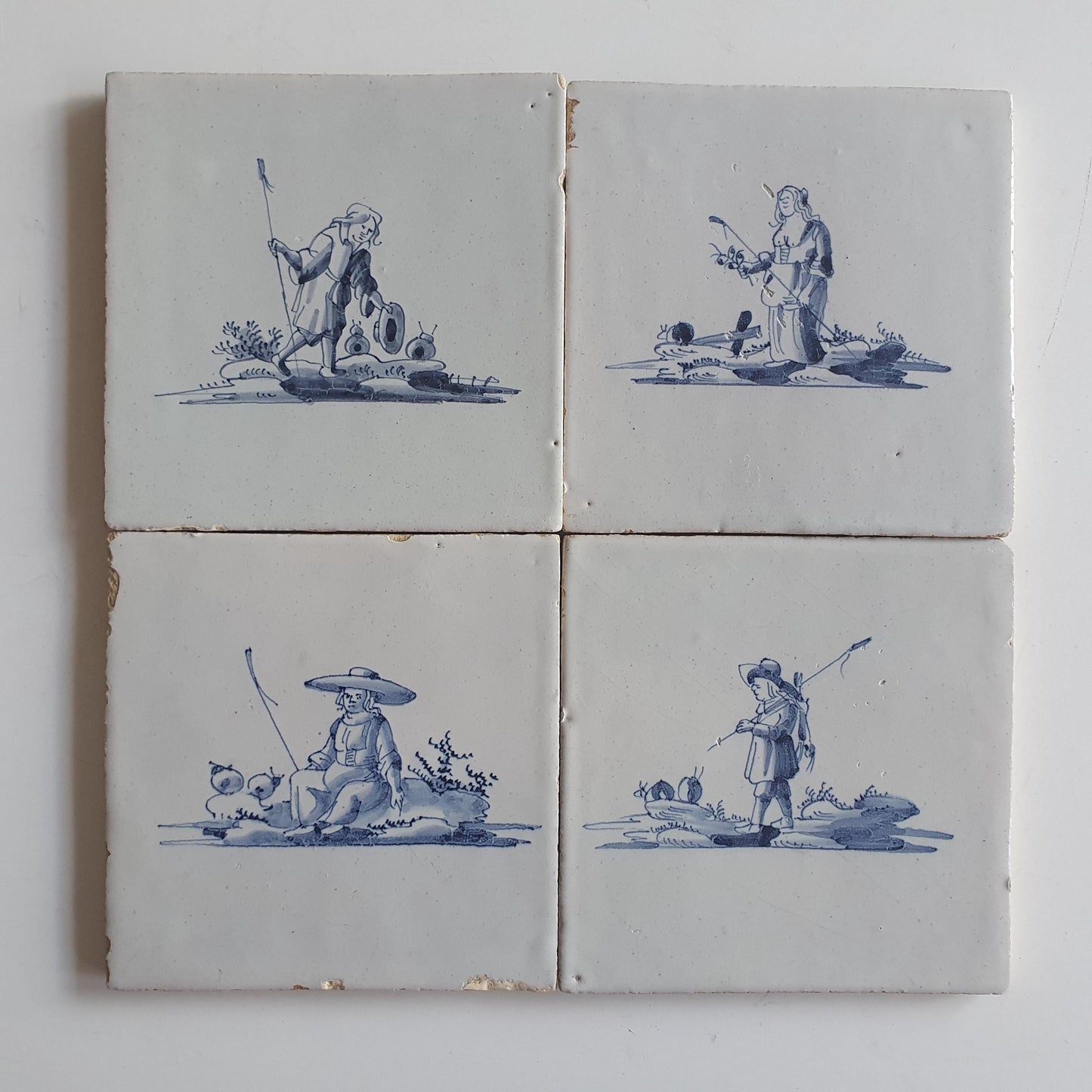 Set of 4 Antique Dutch Delft Tiles, 17th Century, Holland