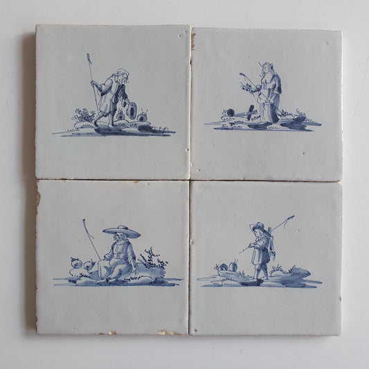 Set of 4 Antique Dutch Delft Tiles, 17th Century, Holland