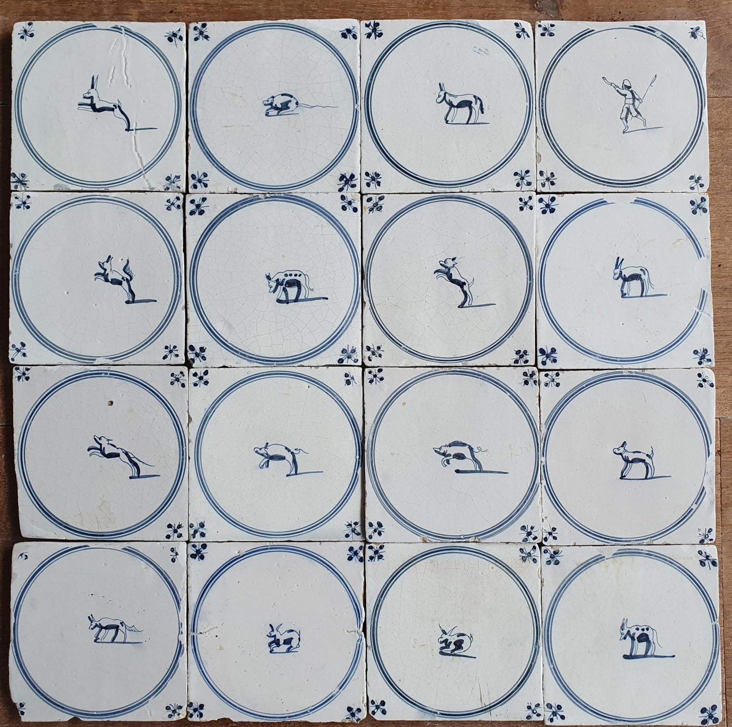 16 Antique Delft Tiles, 18th Century Animal Motifs, Dutch Wall Decor circle springer
