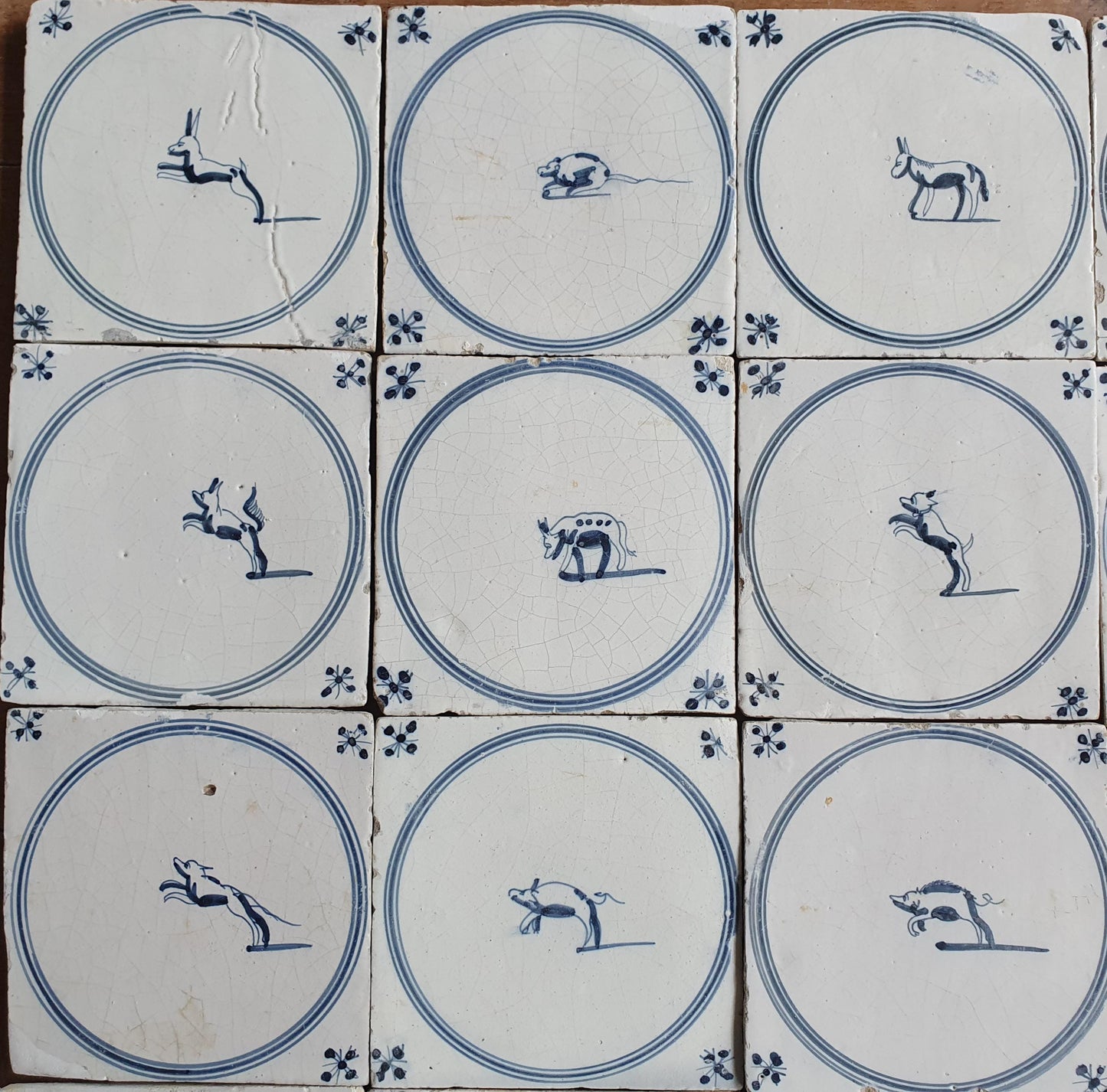 16 Antique Delft Tiles, 18th Century Animal Motifs, Dutch Wall Decor circle springer
