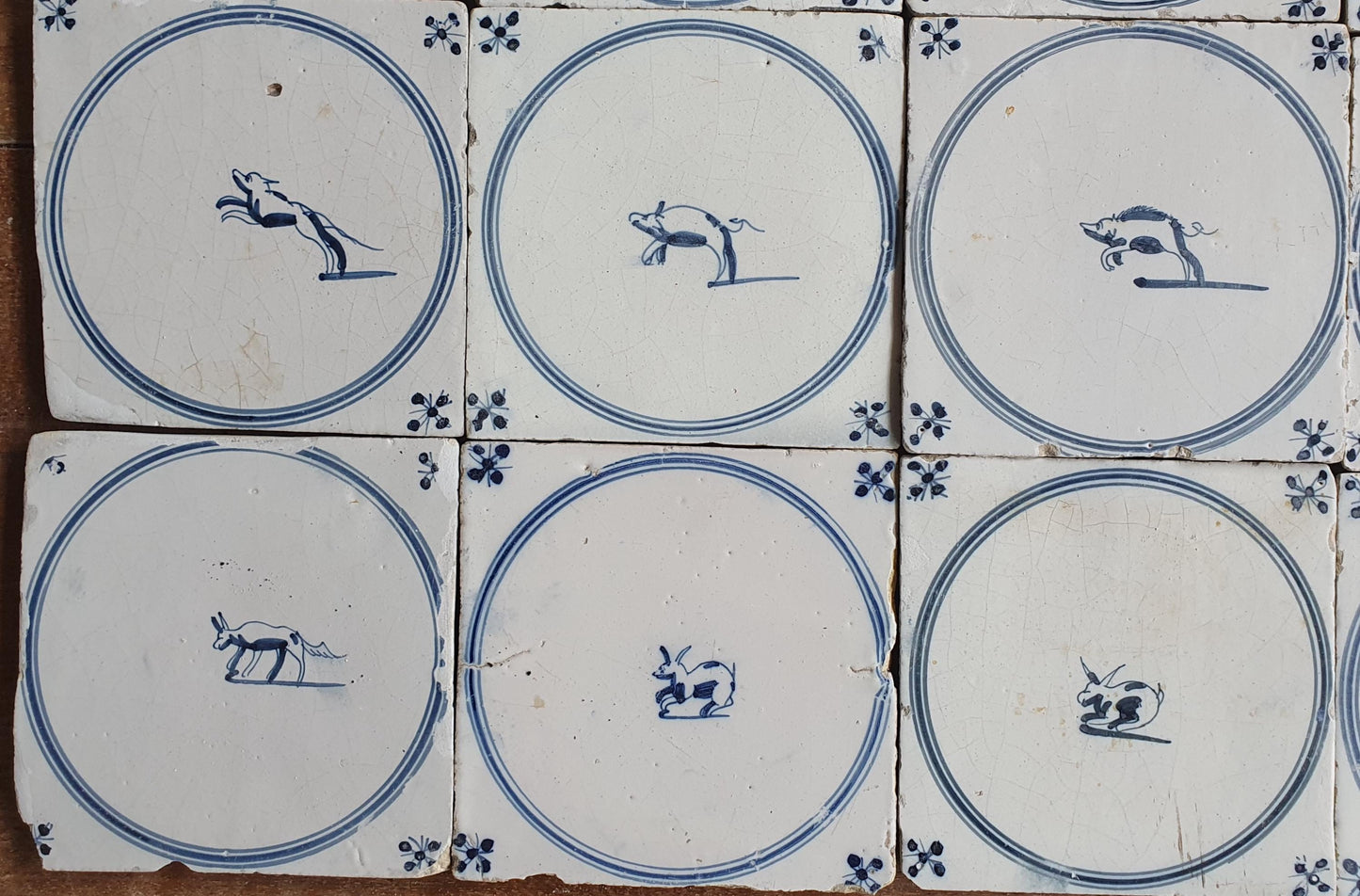 16 Antique Delft Tiles, 18th Century Animal Motifs, Dutch Wall Decor circle springer