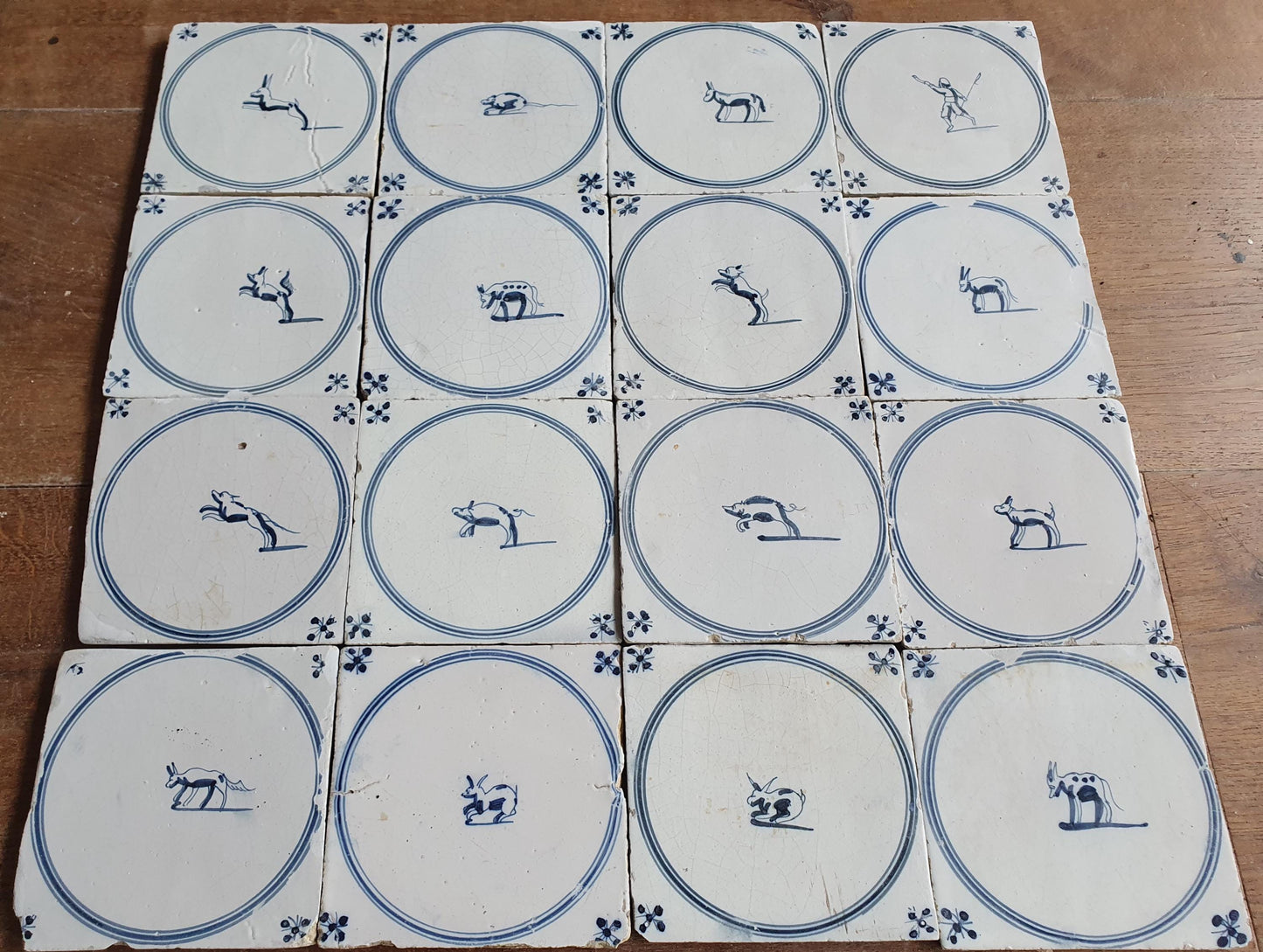 16 Antique Delft Tiles, 18th Century Animal Motifs, Dutch Wall Decor circle springer