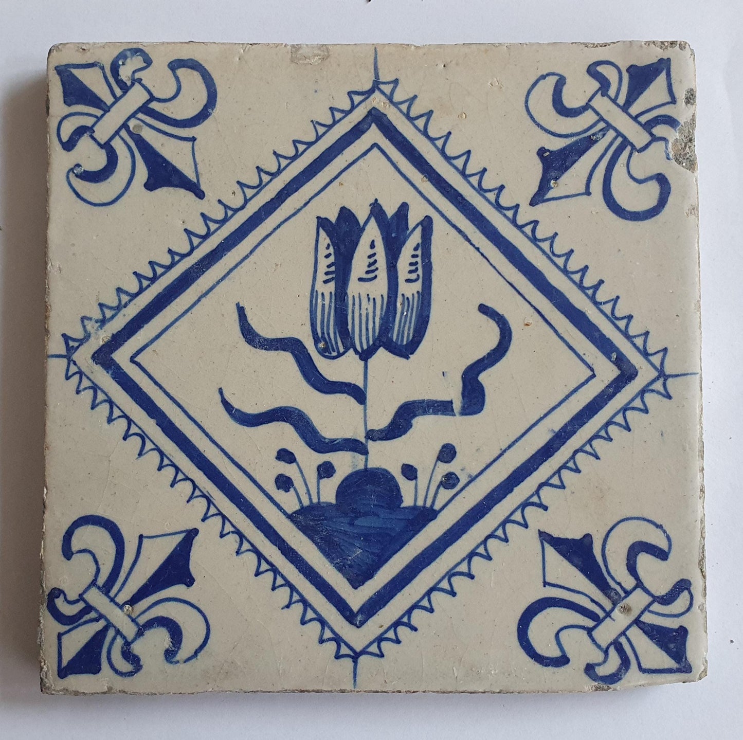 17th Century Dutch Delft Tulip Tile, Antique Floral Decor