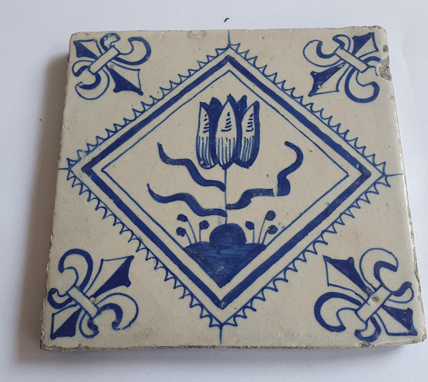 17th Century Dutch Delft Tulip Tile, Antique Floral Decor