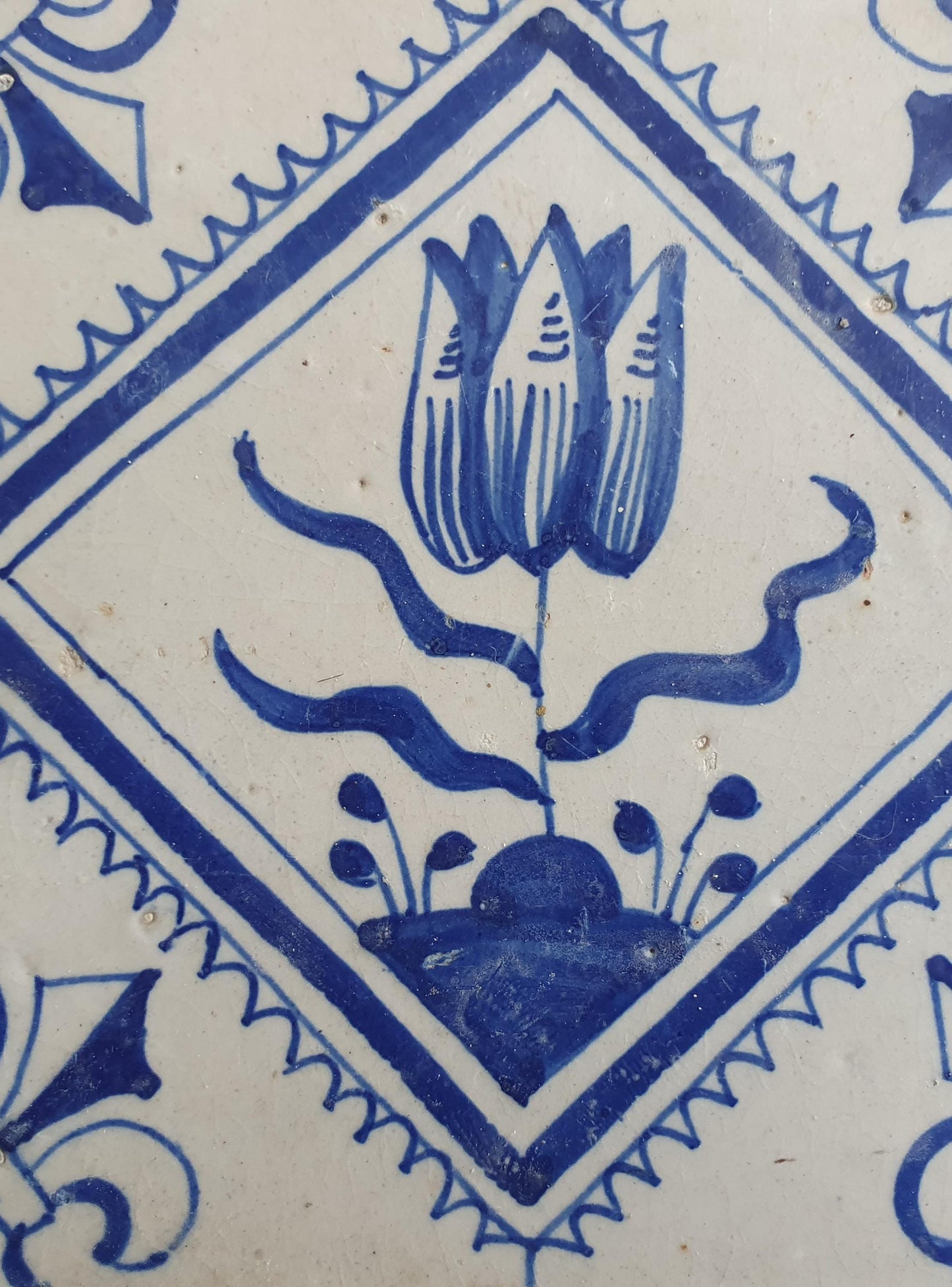 17th Century Dutch Delft Tulip Tile, Antique Kwadraattegel
