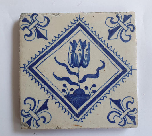 17th Century Dutch Delft Tulip Tile, Antique Kwadraattegel