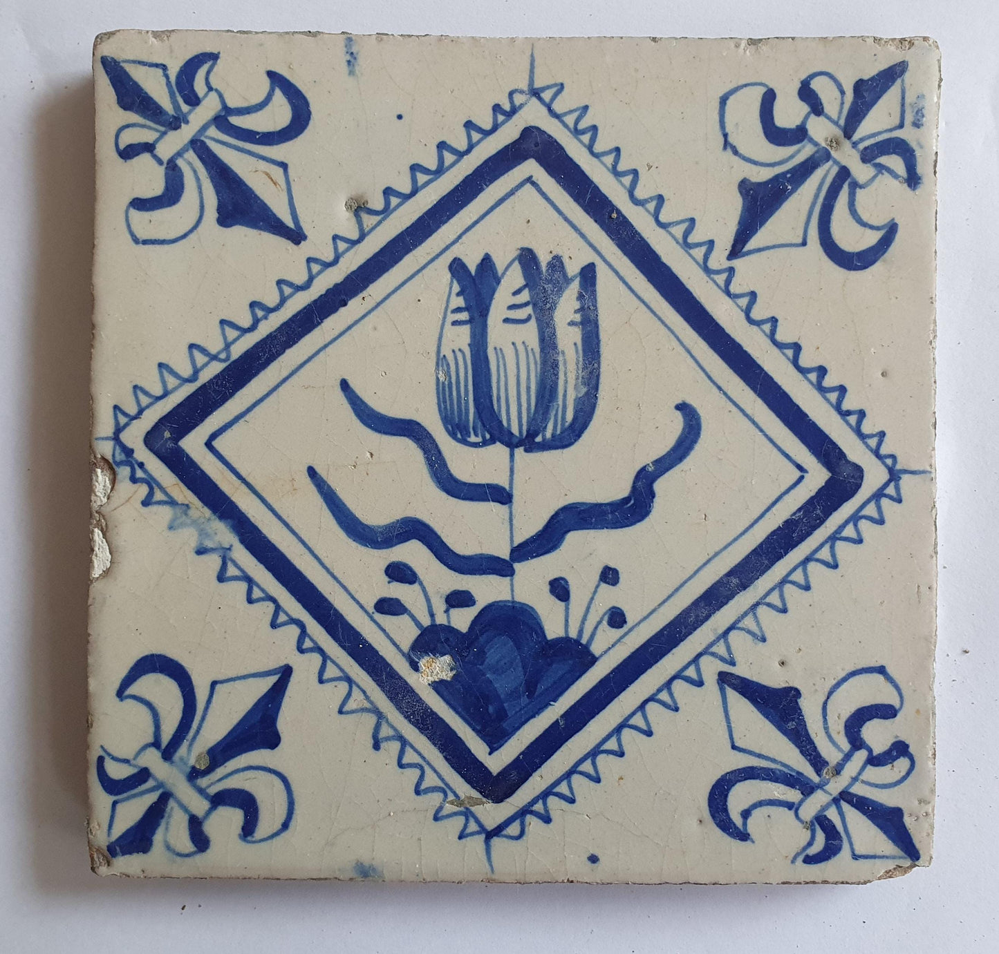 17th Century Dutch Delft Tulip Tile, Antique Floral Decor