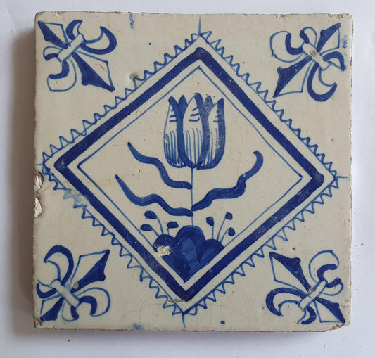17th Century Dutch Delft Tulip Tile, Antique Floral Decor