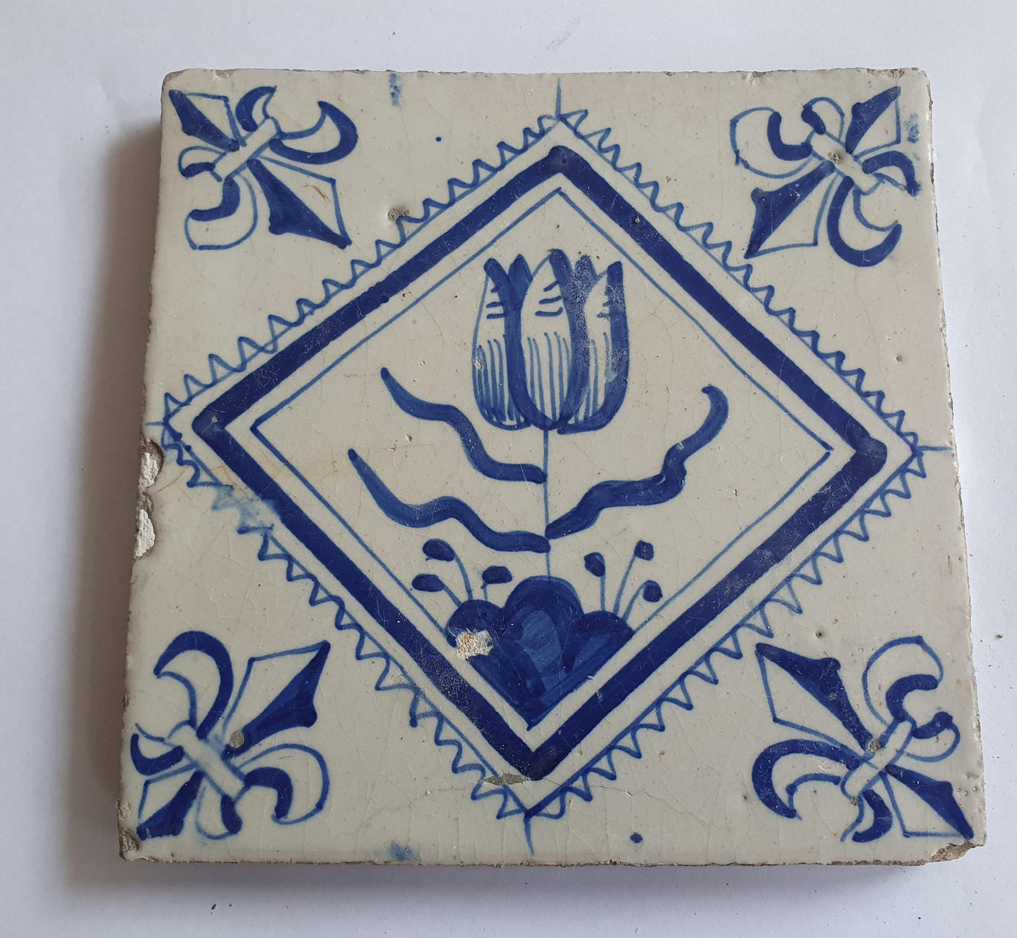 17th Century Dutch Delft Tulip Tile, Antique Floral Decor