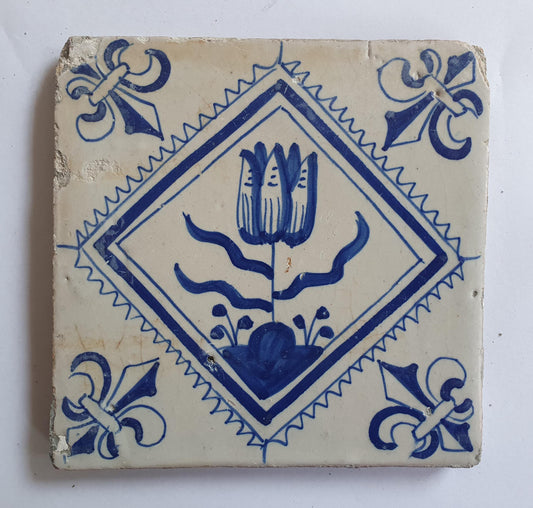 17th Century Dutch Delft Tulip Tile, Antique Floral Decor