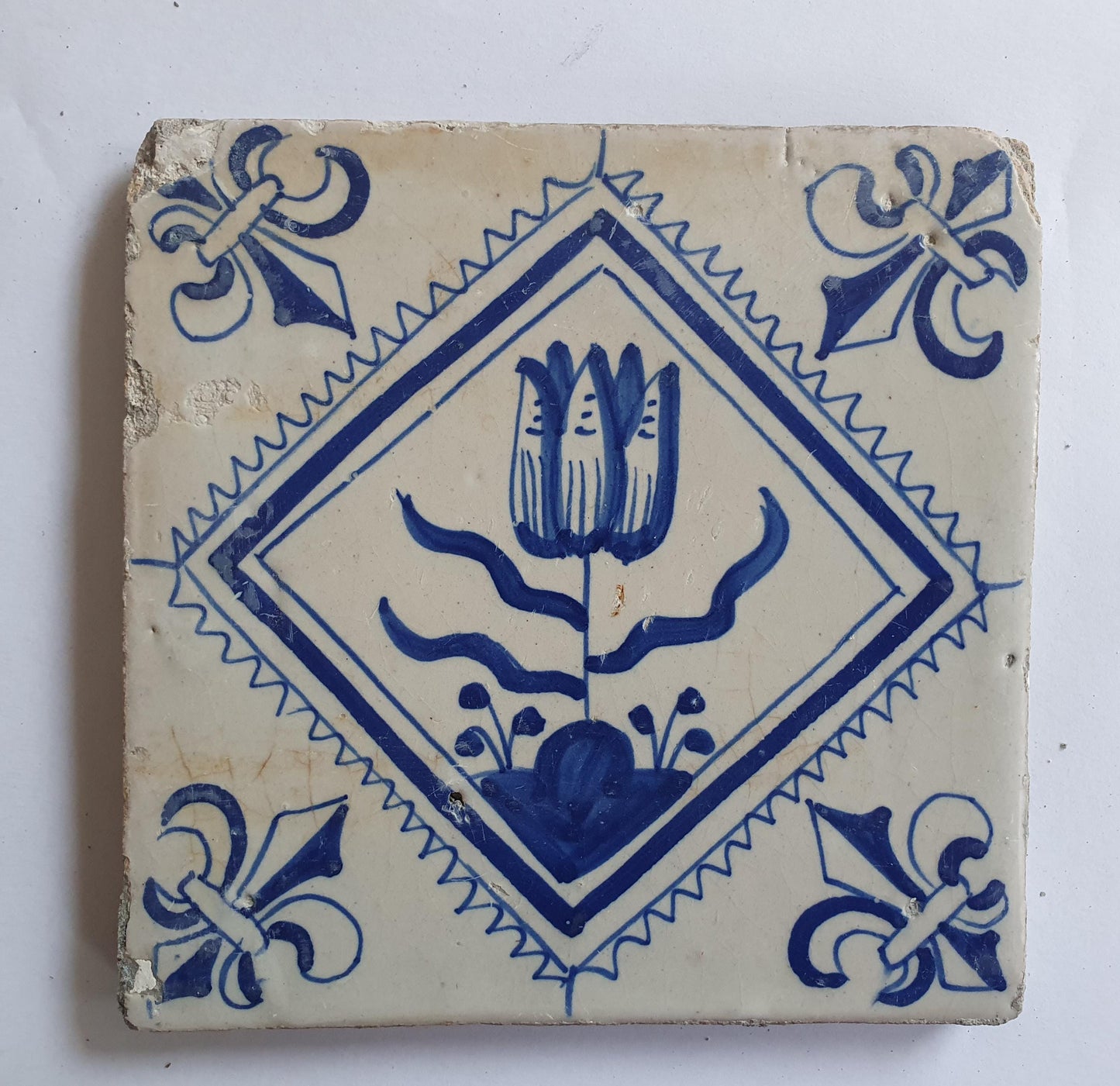 17th Century Dutch Delft Tulip Tile, Antique Floral Decor