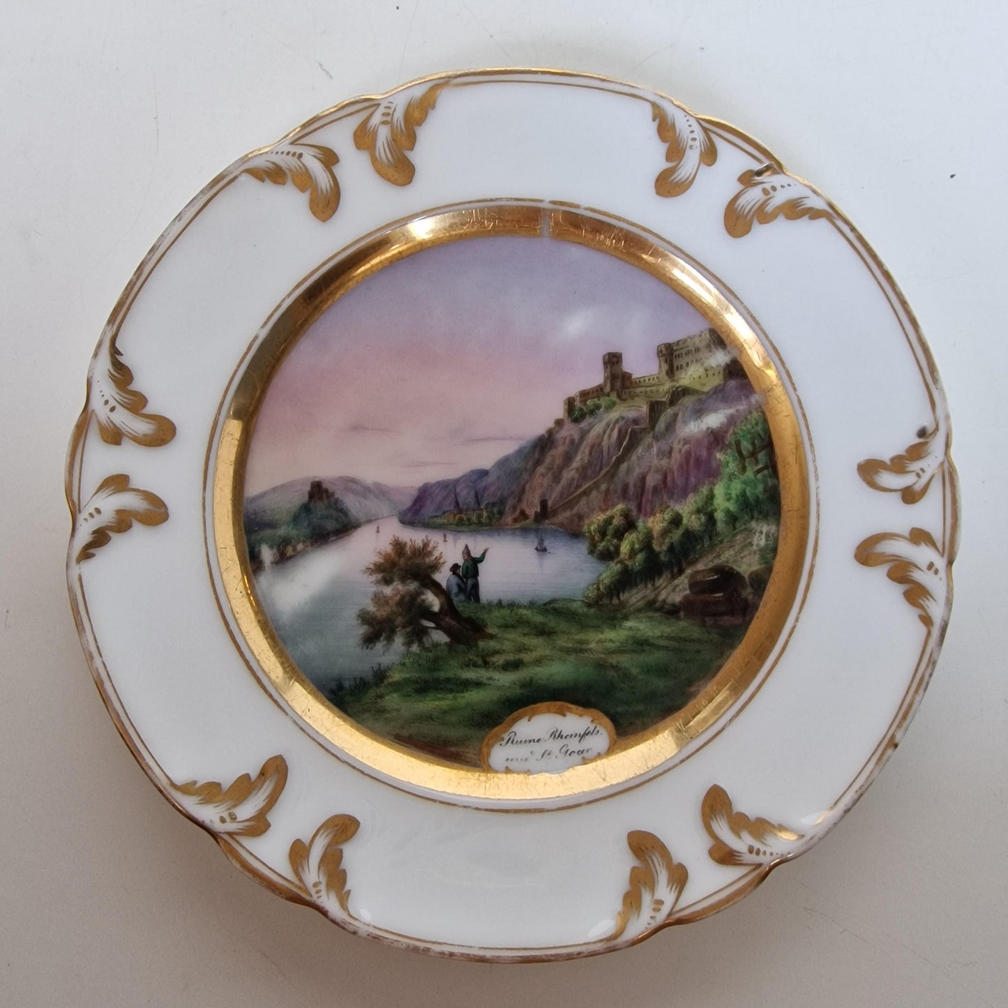 Antique German Porcelain Wall Plate: Hand-Painted Rhine River Castle Scene