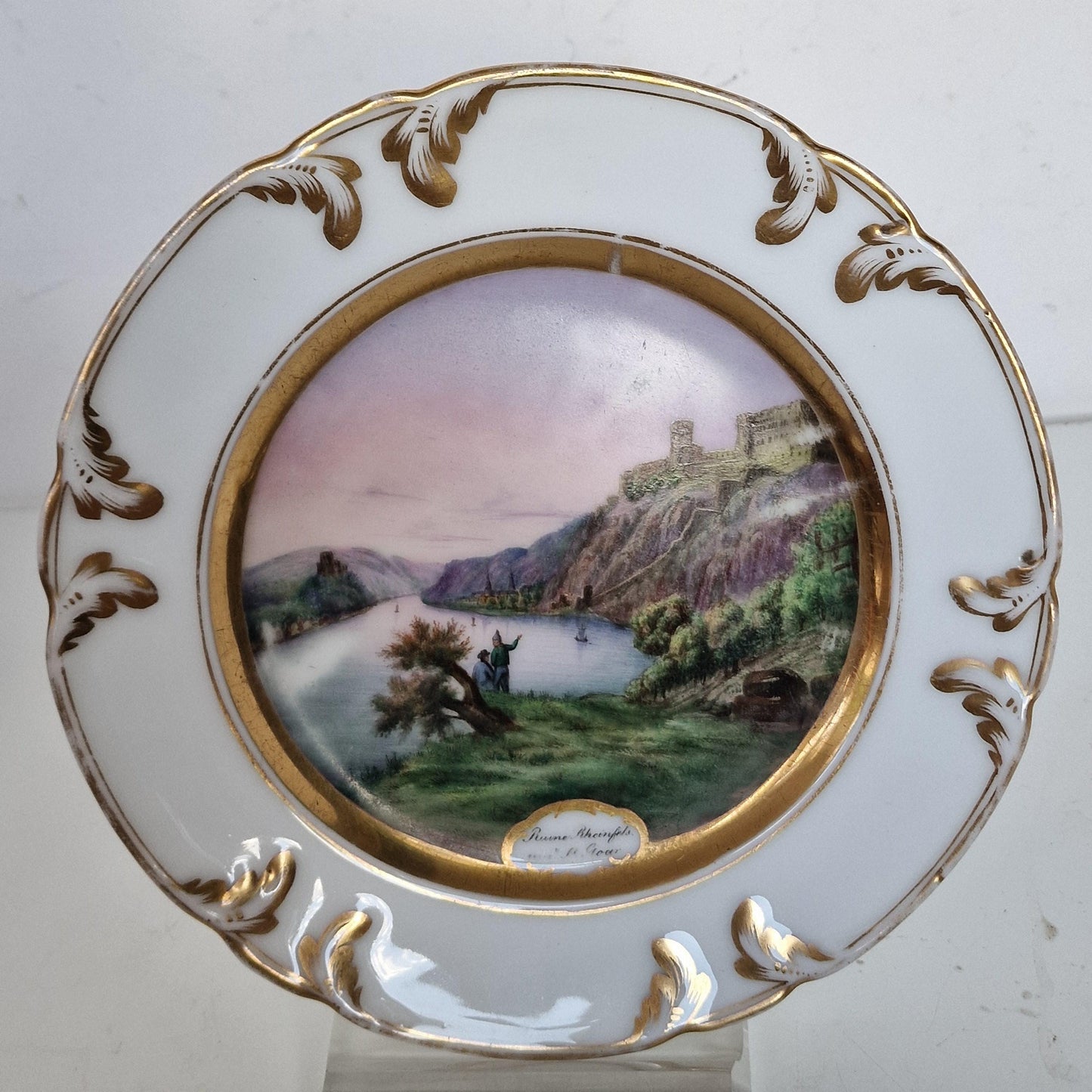 Antique German Porcelain Wall Plate: Hand-Painted Rhine River Castle Scene