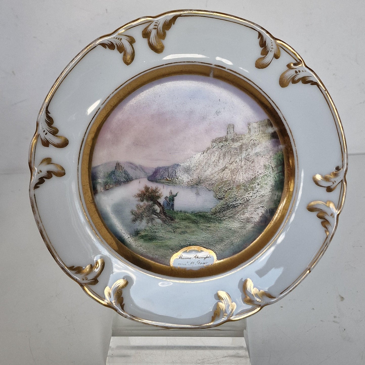 Antique German Porcelain Wall Plate: Hand-Painted Rhine River Castle Scene