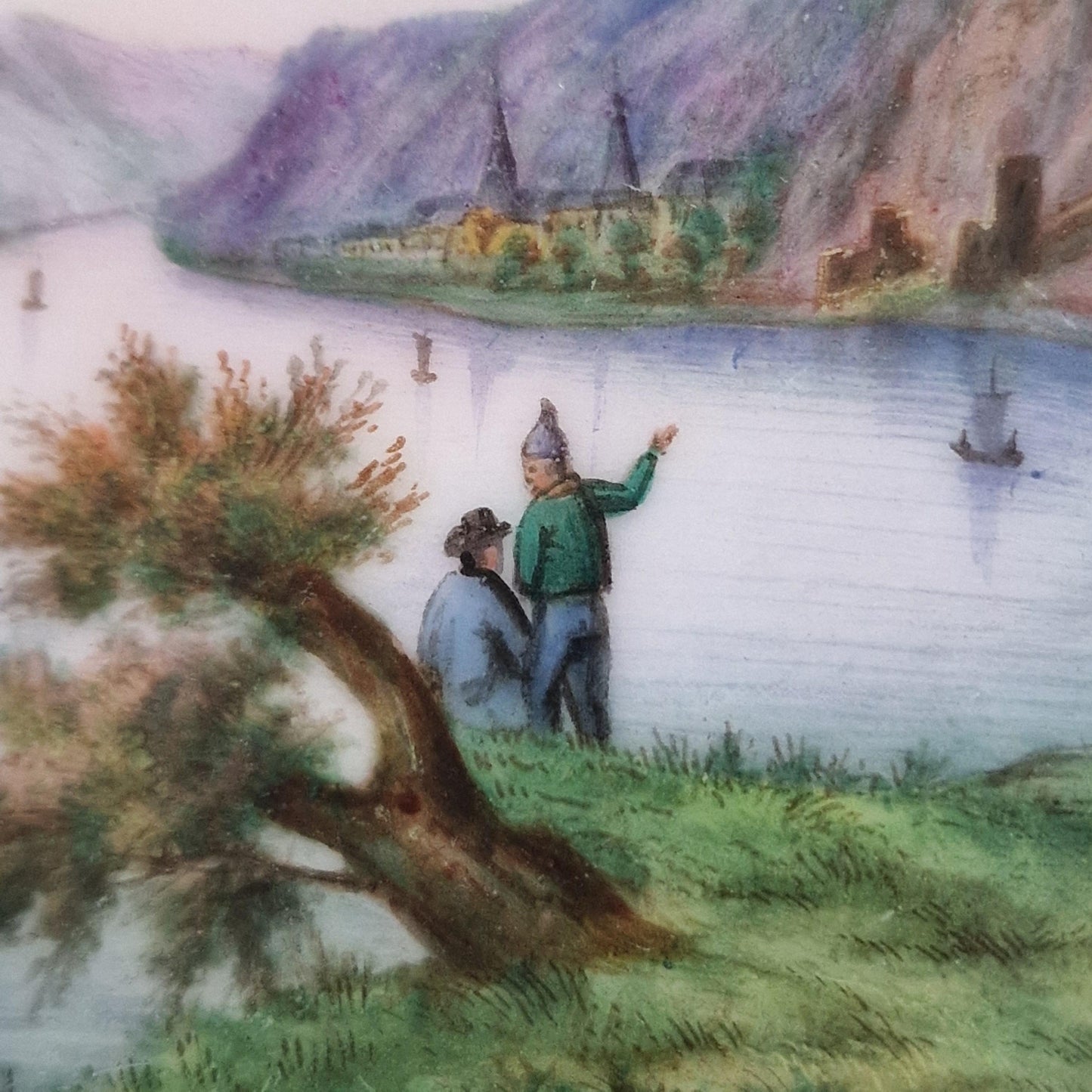 Antique German Porcelain Wall Plate: Hand-Painted Rhine River Castle Scene