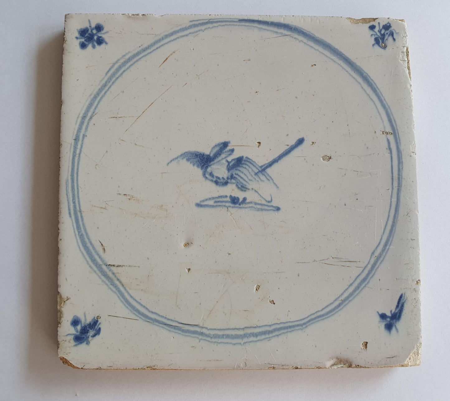 Antique Delft Tile: 18th Century Dutch Circle Tile with Bird