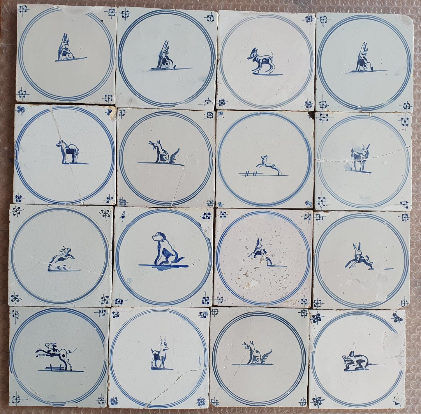Antique Delft Tiles, 18th Century Dutch Animal Motifs, Set of 16 circle springer