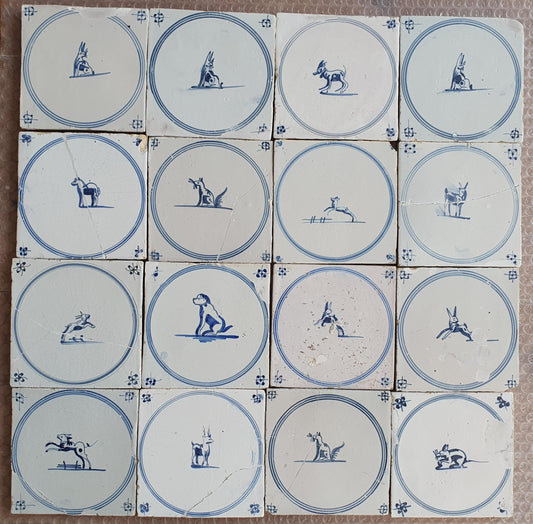 Antique Delft Tiles, 18th Century Dutch Animal Motifs, Set of 16 circle springer