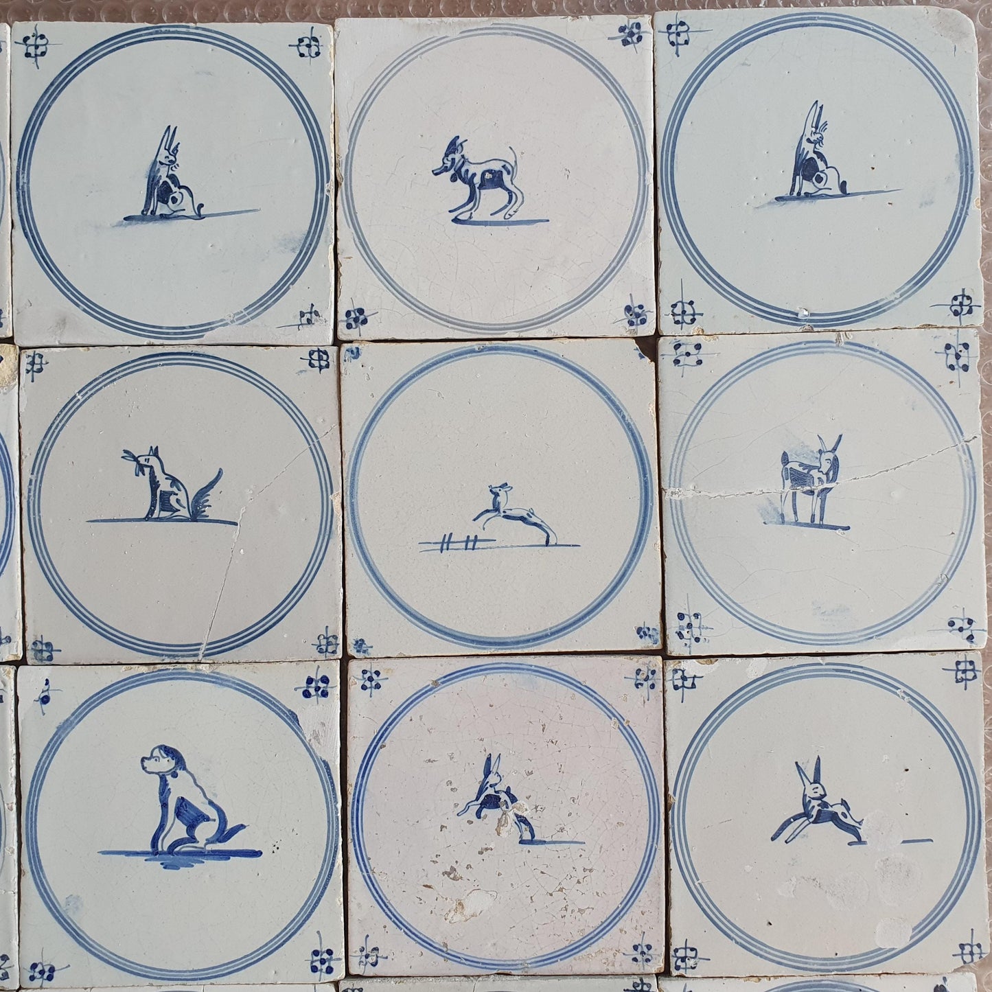 Antique Delft Tiles, 18th Century Dutch Animal Motifs, Set of 16 circle springer