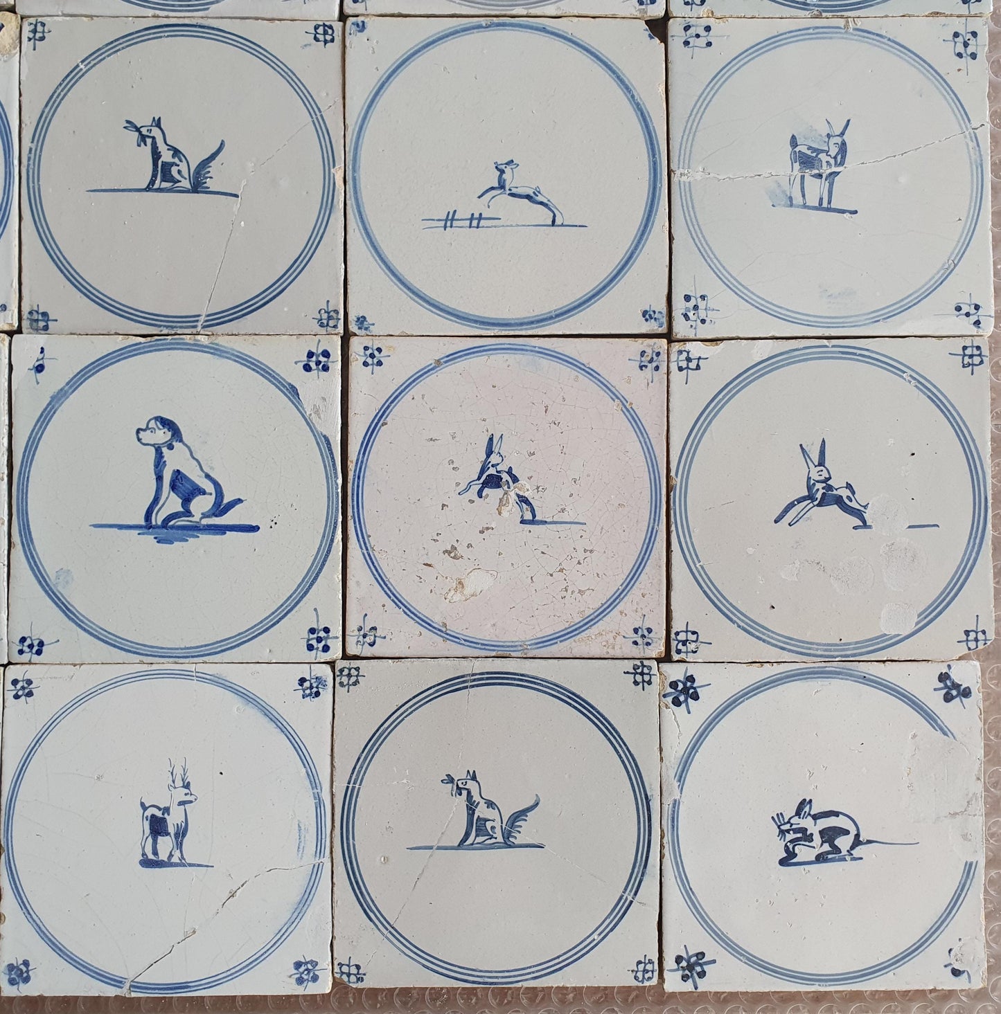 Antique Delft Tiles, 18th Century Dutch Animal Motifs, Set of 16 circle springer