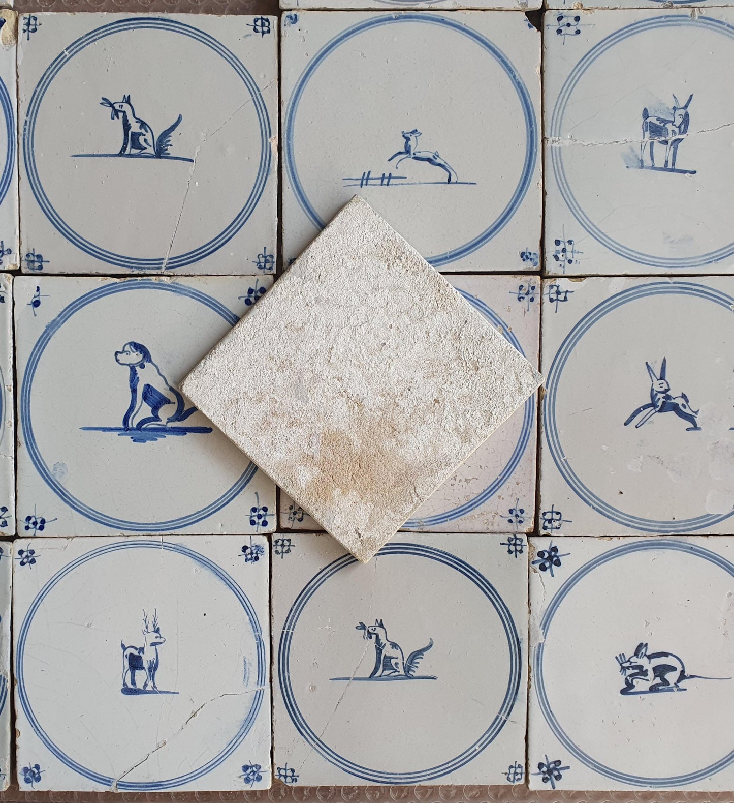 Antique Delft Tiles, 18th Century Dutch Animal Motifs, Set of 16 circle springer