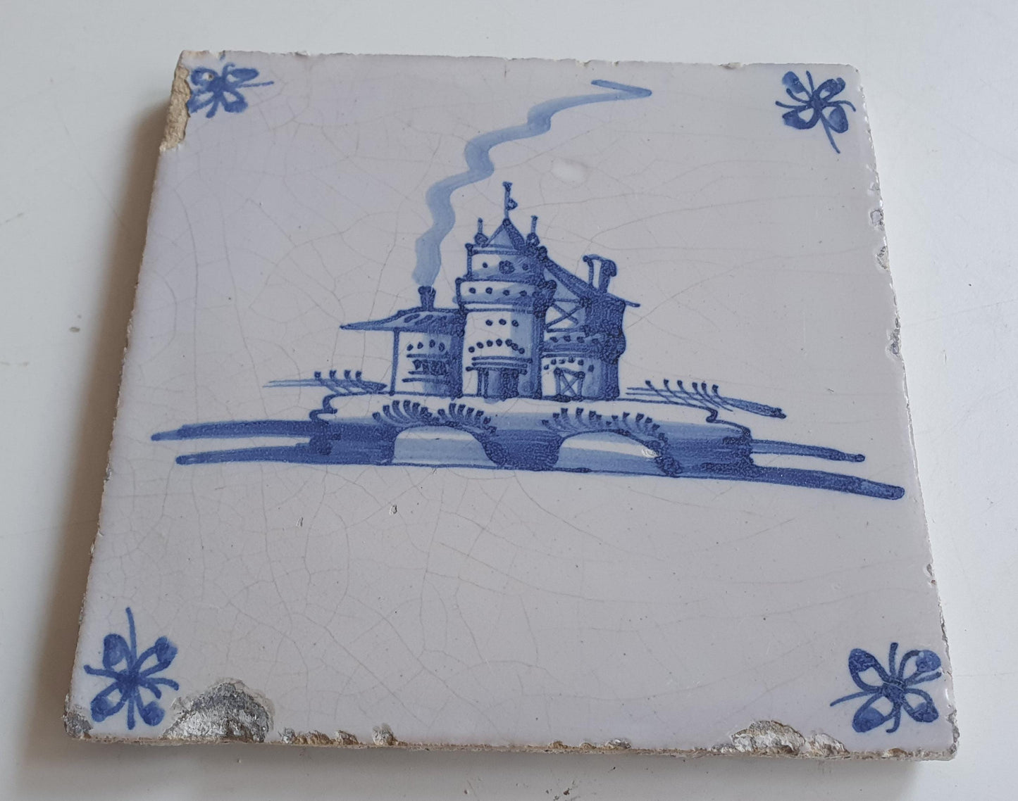 17th Century Dutch Delft Tile, Castle Landscape, Rare