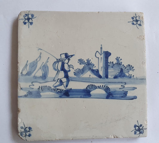 17th Century Dutch Delft Tile, Holland Landscape Art (13x13)