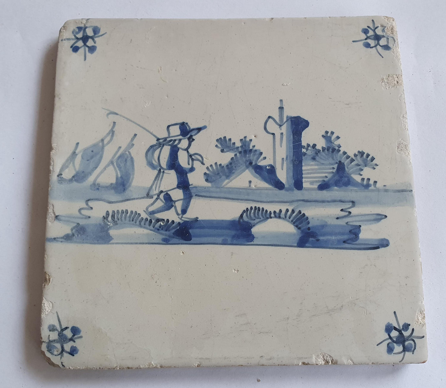 17th Century Dutch Delft Tile, Holland Landscape Art (13x13)