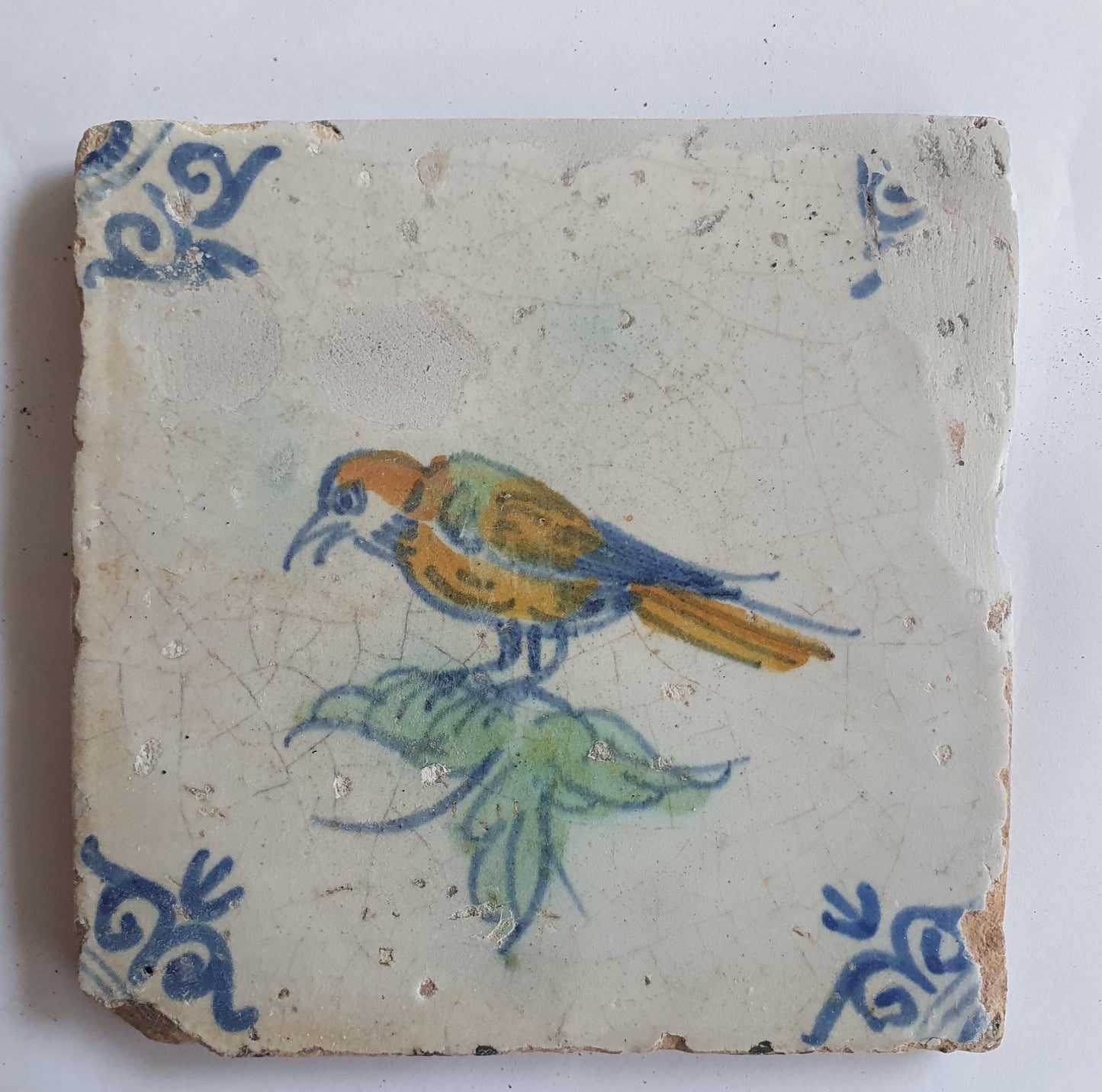 Antique Dutch Delft Tile – Polychrome Bird, Oxhead Motif (c. 1640)