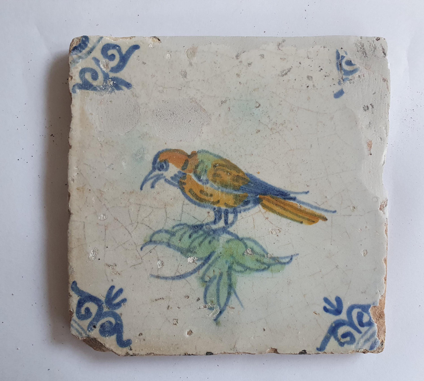 Antique Dutch Delft Tile – Polychrome Bird, Oxhead Motif (c. 1640)