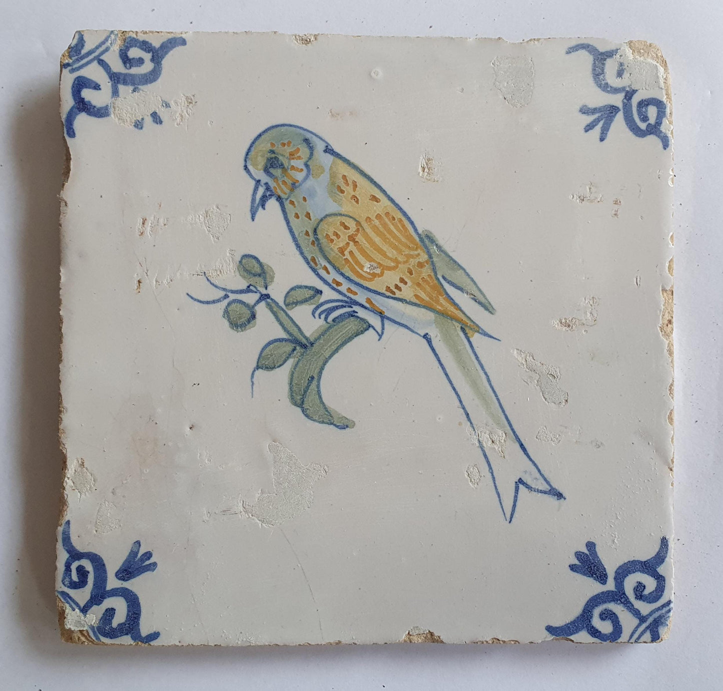 Antique Delft Tile – Polychrome Bird, Oxhead Motifs, 1640