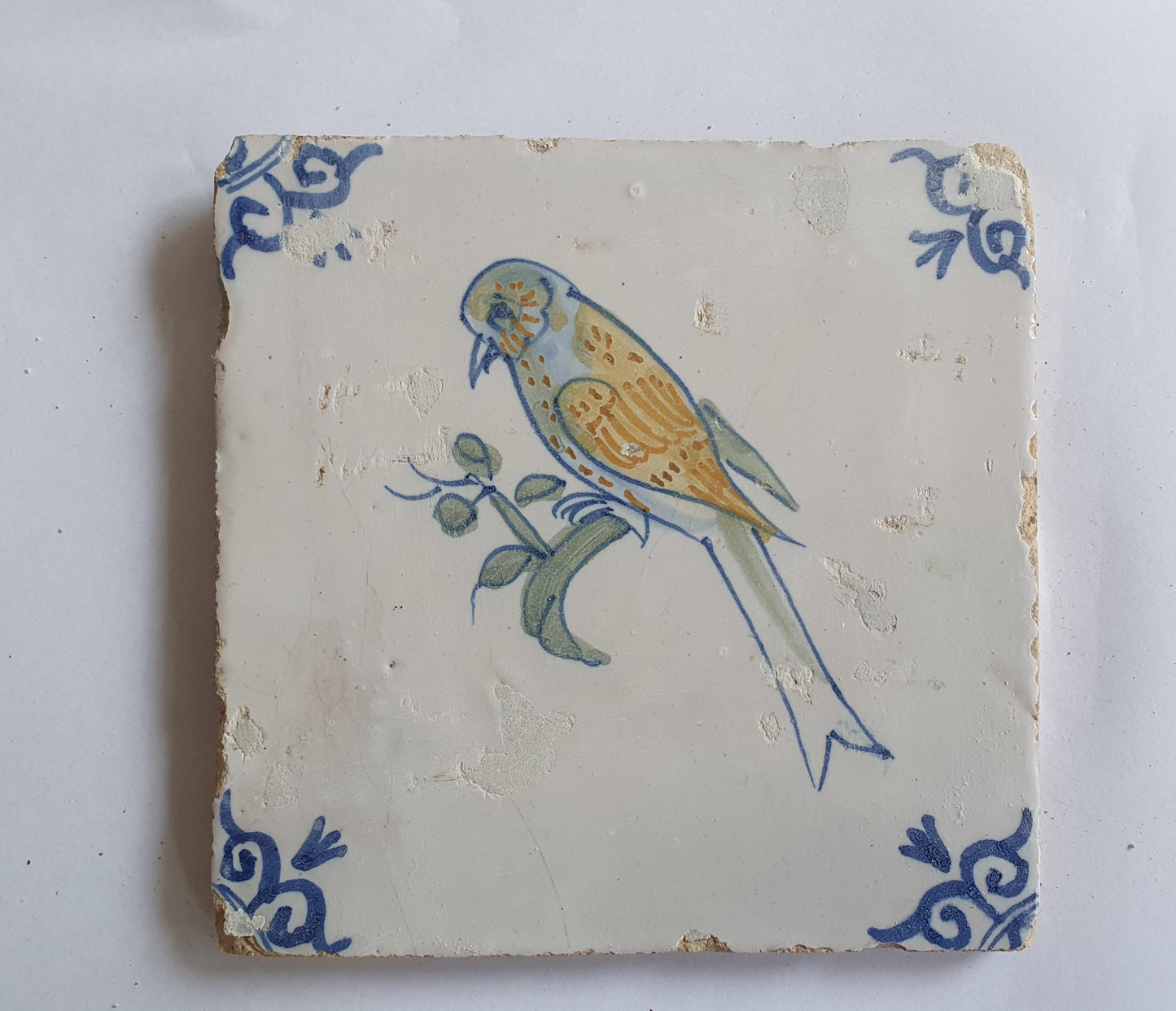 Antique Delft Tile – Polychrome Bird, Oxhead Motifs, 1640