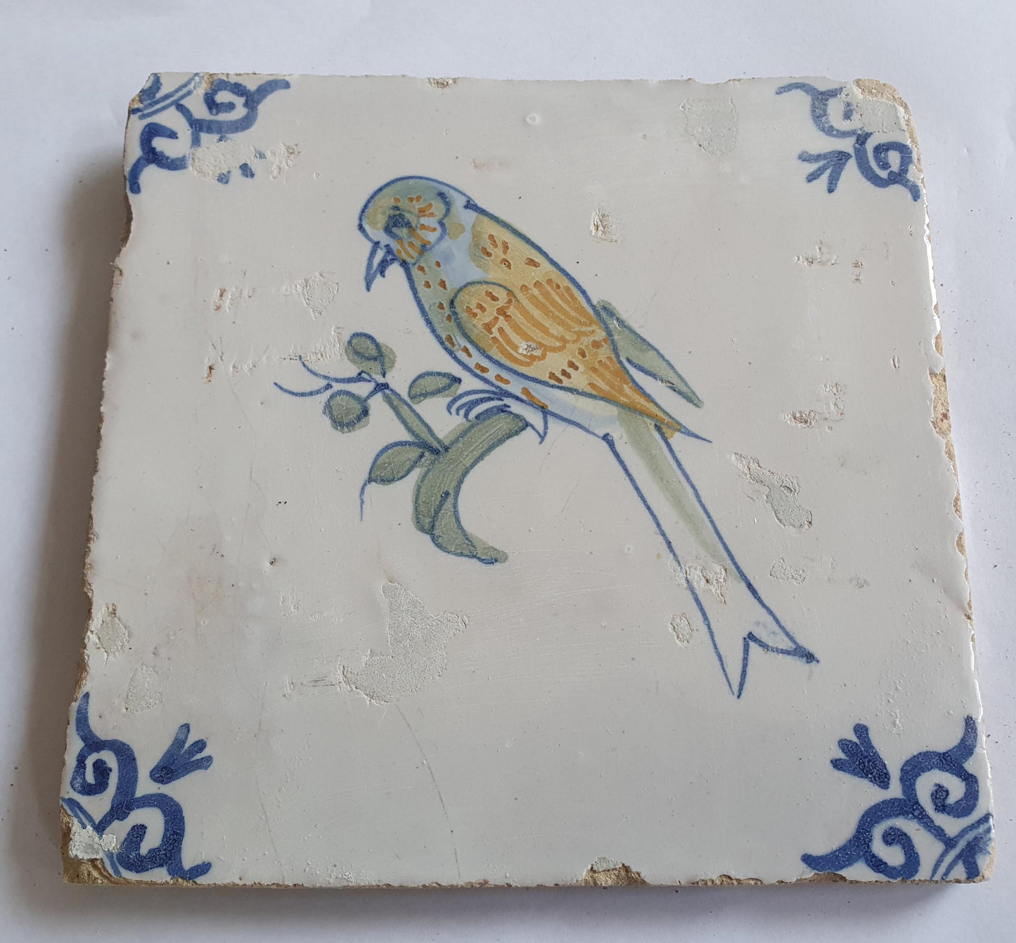 Antique Delft Tile – Polychrome Bird, Oxhead Motifs, 1640