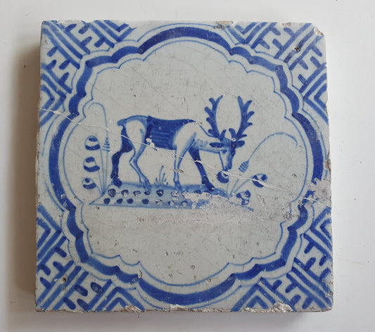 17th Antique Dutch Delft Blue Tile - rabbit with a meander shape - Dated around 1640