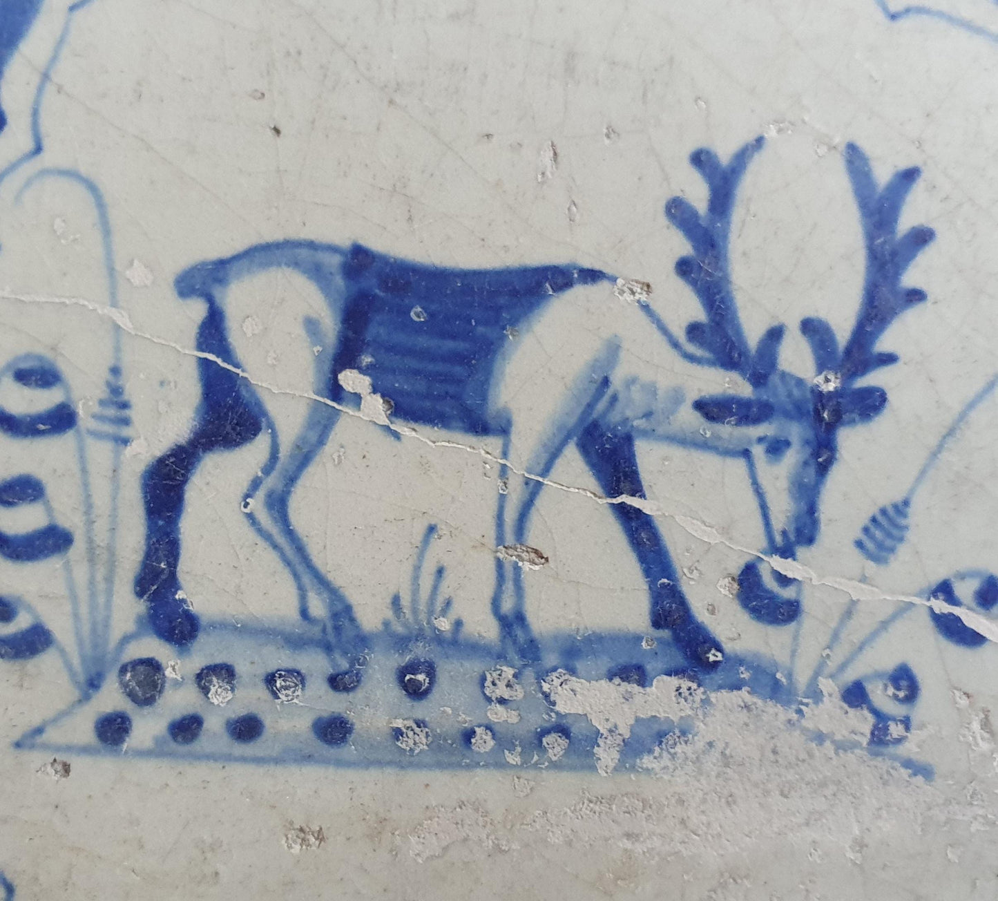 17th Antique Dutch Delft Blue Tile - rabbit with a meander shape - Dated around 1640