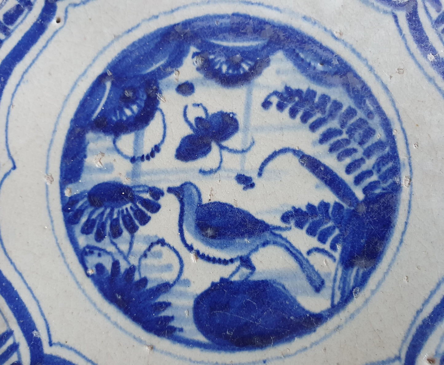 17th Antique Dutch Delft Blue Tile - Chinese garden with a meander shape - Dated around 1640