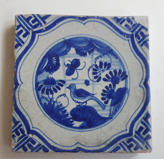Antique Delft Tile – 17th Century Dutch walltile, Chinese Garden Scene, Meander Shape
