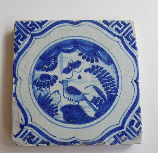 17th Antique Dutch Delft Blue Tile - Chinese garden with a meander shape - Dated around 1640