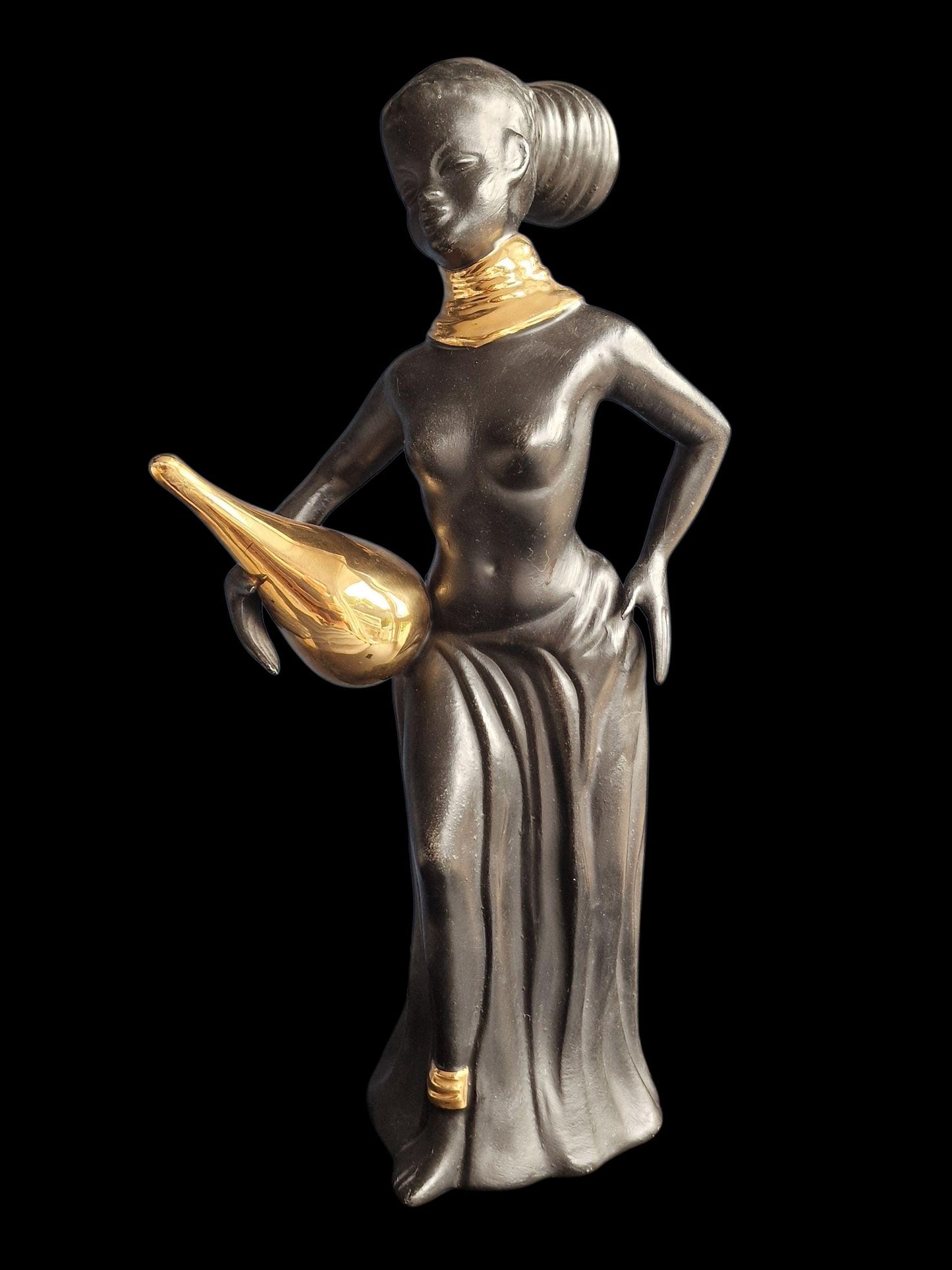 jema Hagenauer Wiener werkstatte black gold woman ca 30 cm ceramic midcentury lady girl