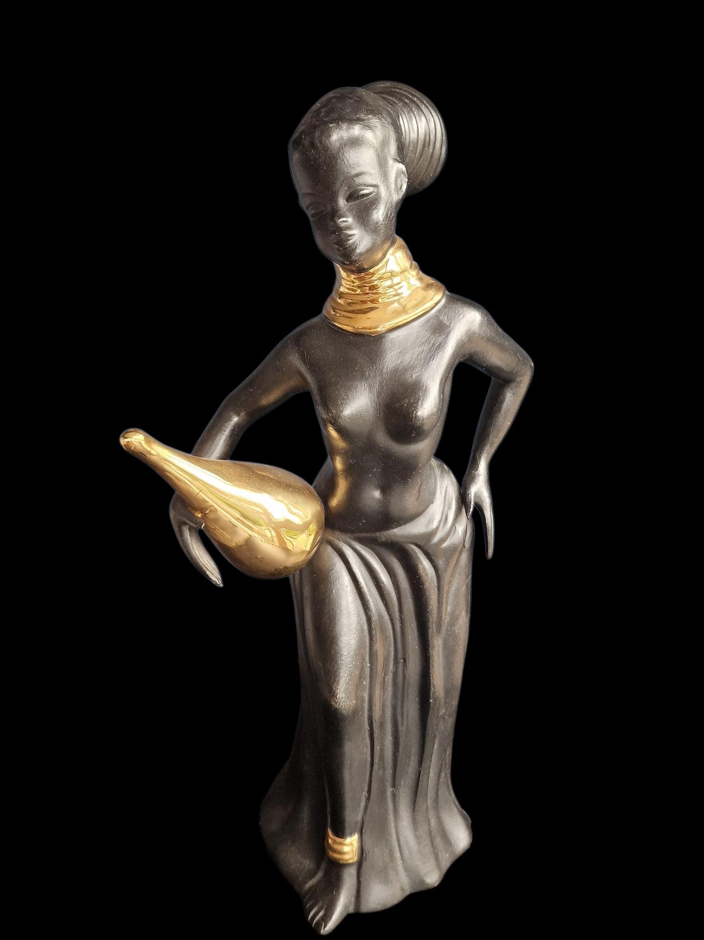 jema Hagenauer Wiener werkstatte black gold woman ca 30 cm ceramic midcentury lady girl