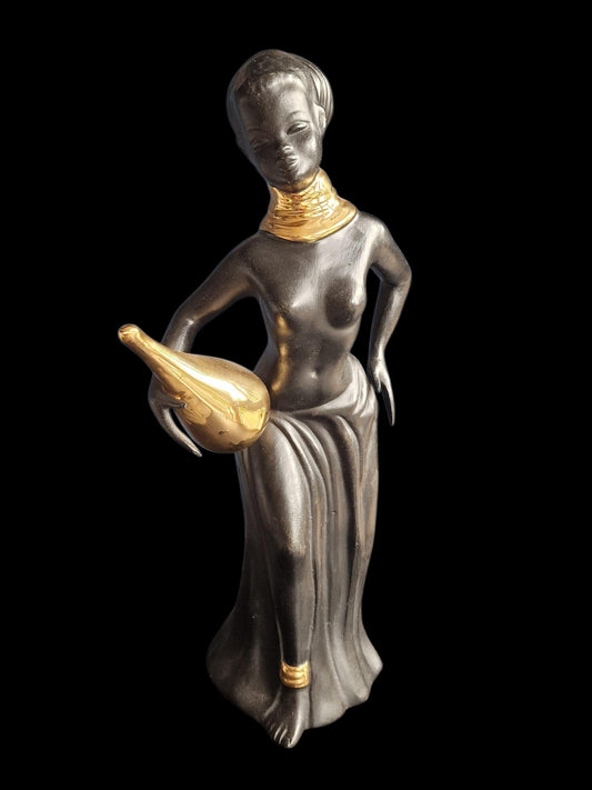 jema Hagenauer Wiener werkstatte black gold woman ca 30 cm ceramic midcentury lady girl