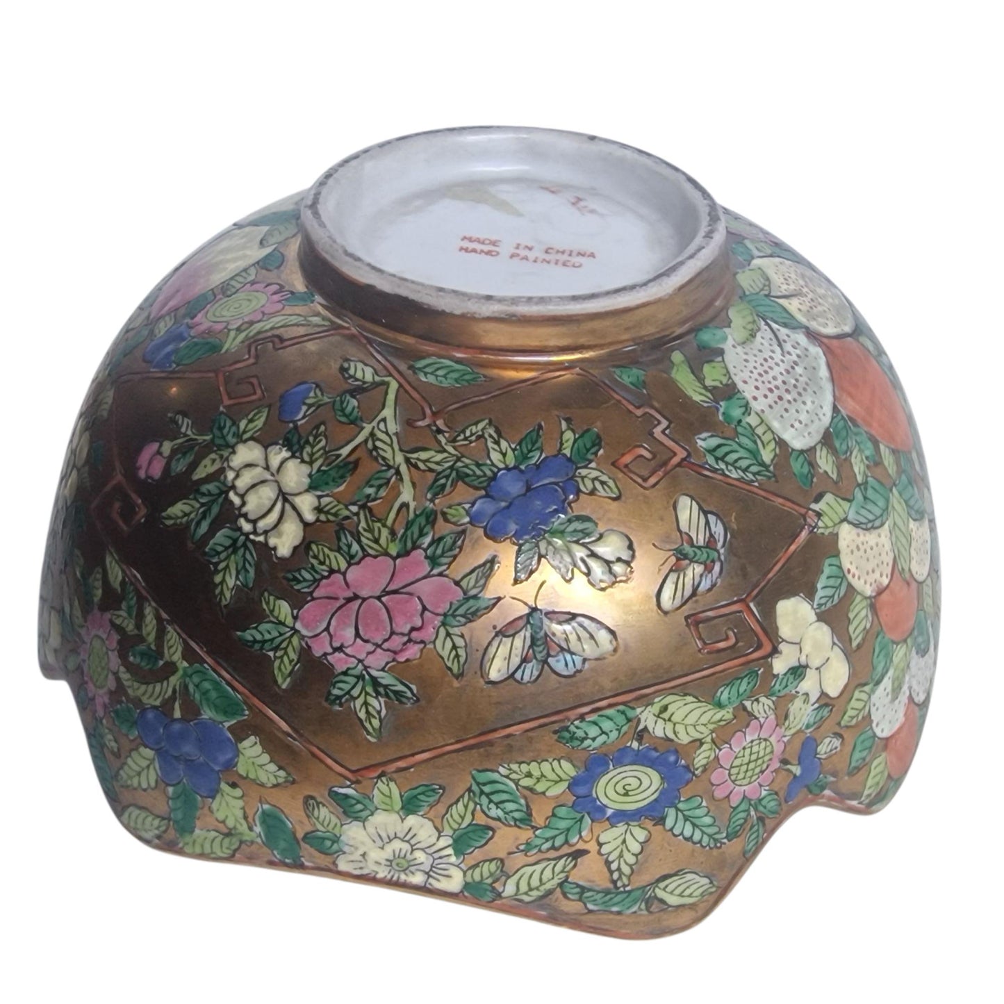 Vintage Famille Rose Bowl – Hand-Painted Chinese Porcelain, Gilded Rim