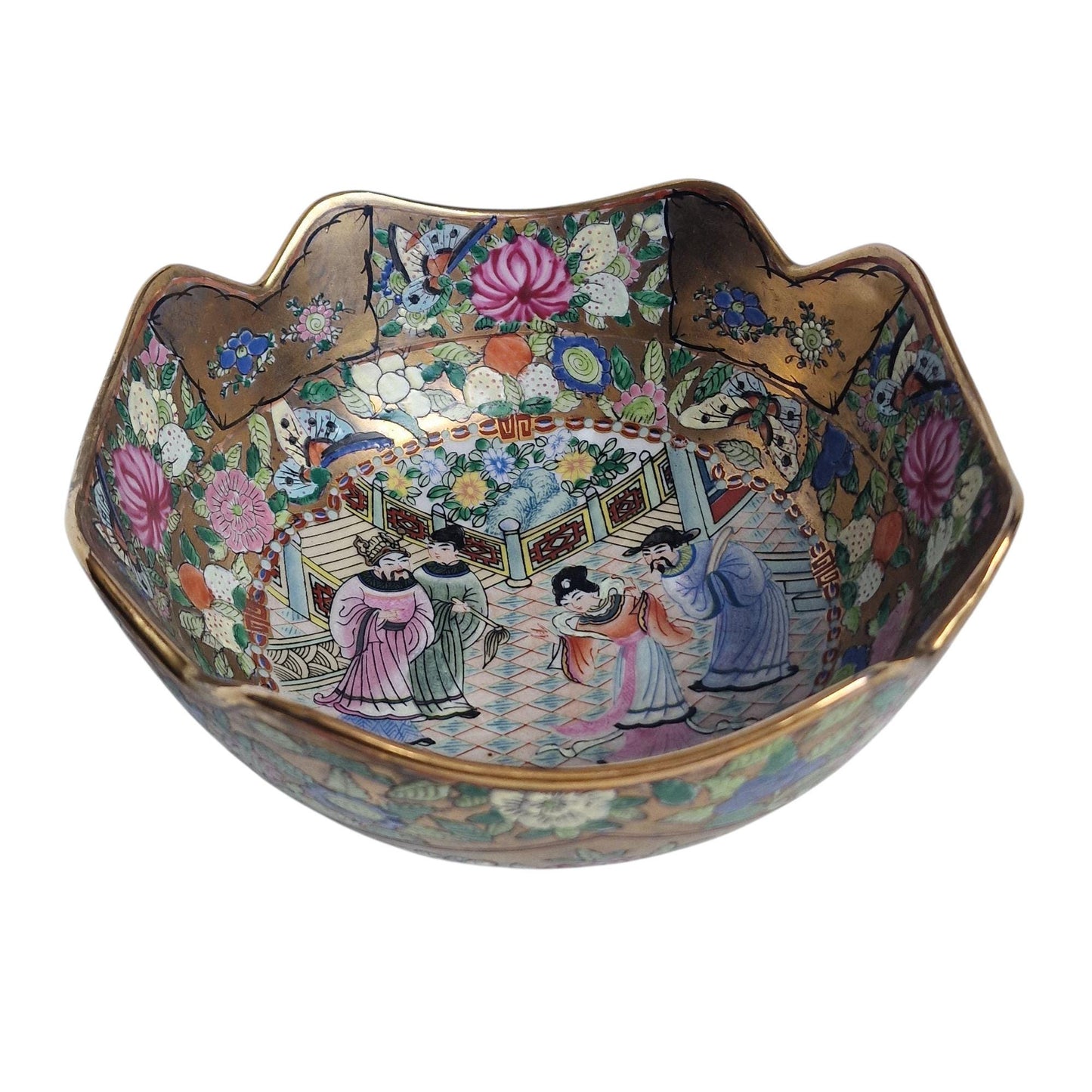 Vintage Famille Rose Bowl – Hand-Painted Chinese Porcelain, Gilded Rim