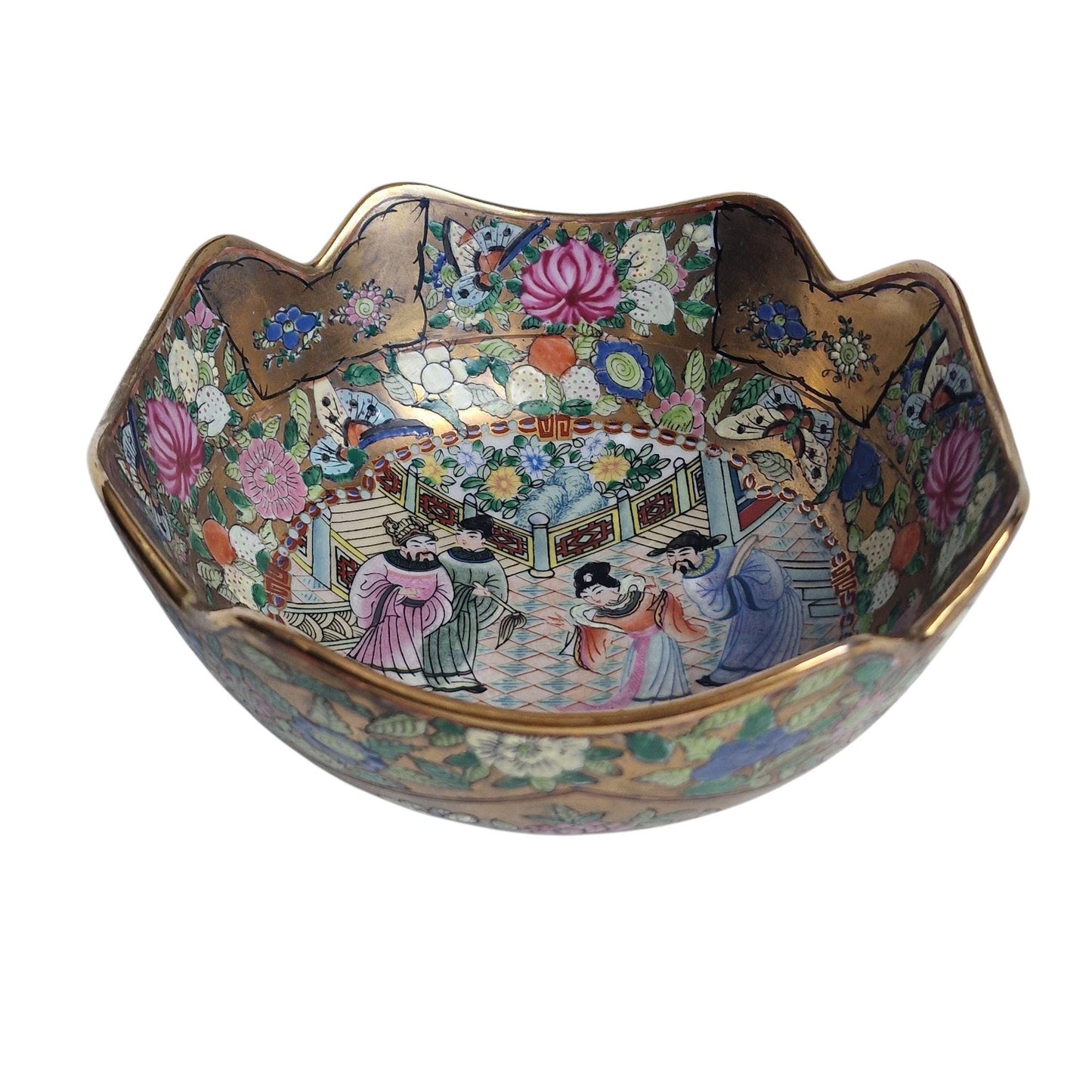 Vintage Famille Rose Bowl – Hand-Painted Chinese Porcelain, Gilded Rim