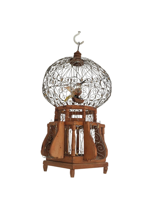 Vintage Birdcage with Glass Bird – Handmade Wood & Wire Decor