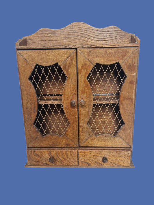 Antique Rustic Spice Cabinet - Wooden Wall Cupboard with Wire Mesh Doors