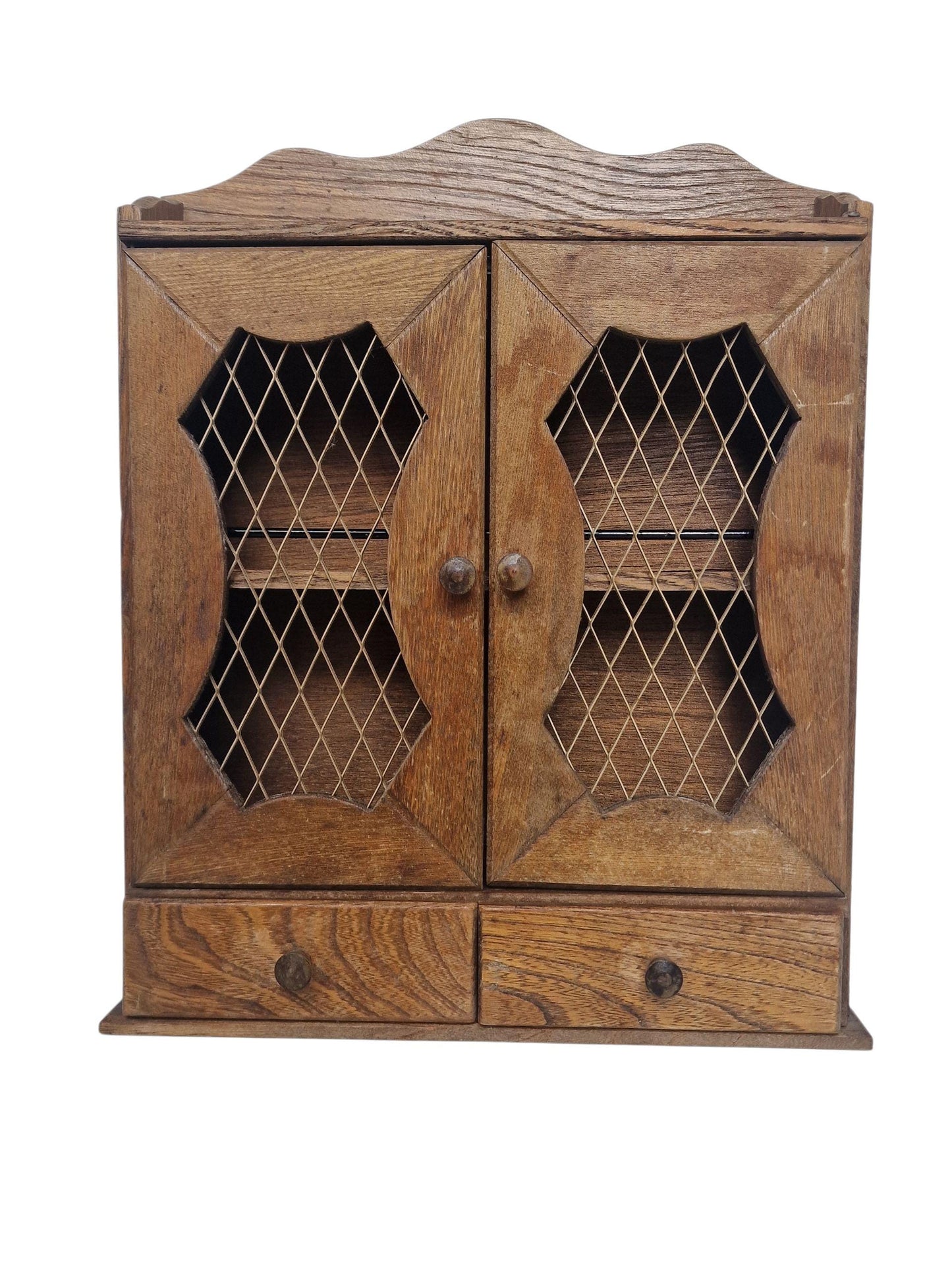 Antique Rustic Spice Cabinet - Wooden Wall Cupboard with Wire Mesh Doors