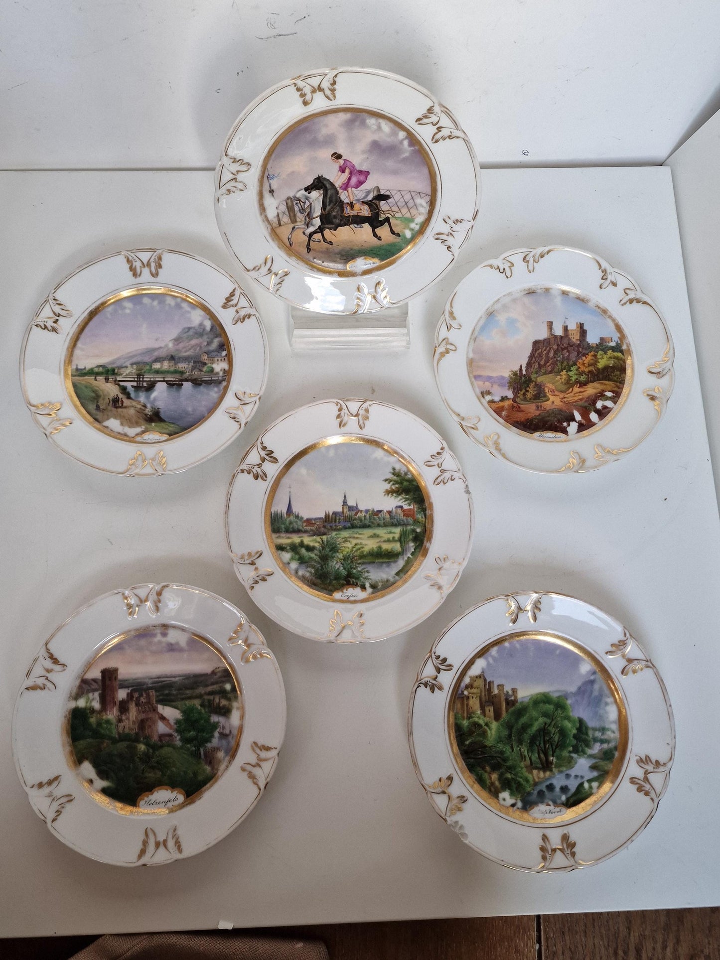 Antique Dresden Porcelain Plates, Rhine Castle Scene, Gilt Decor (Set of 6)