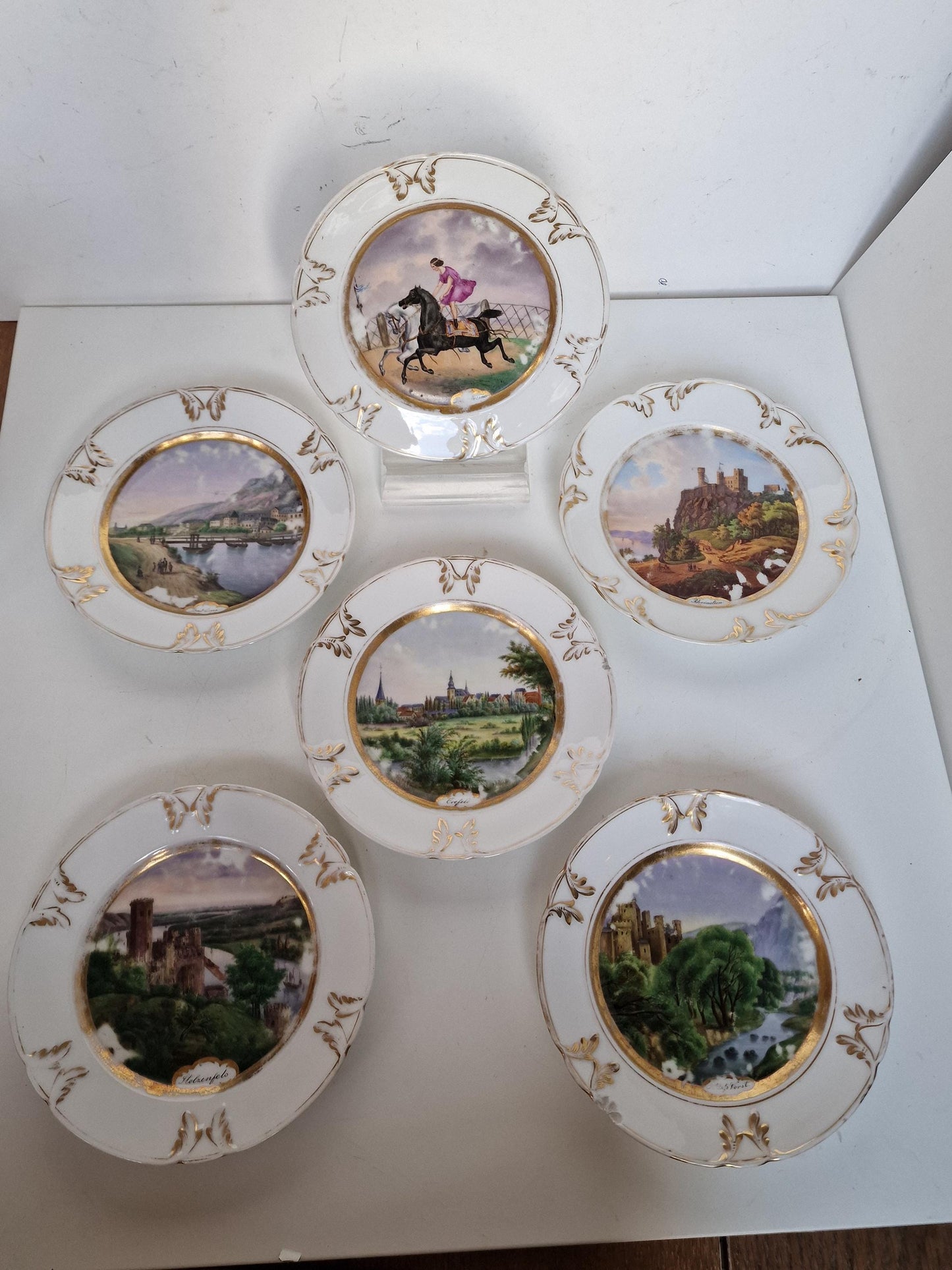 Antique Dresden Porcelain Plates, Rhine Castle Scene, Gilt Decor (Set of 6)