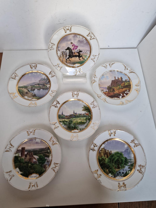 Antique Dresden Porcelain Plates, Rhine Castle Scene, Gilt Decor (Set of 6)